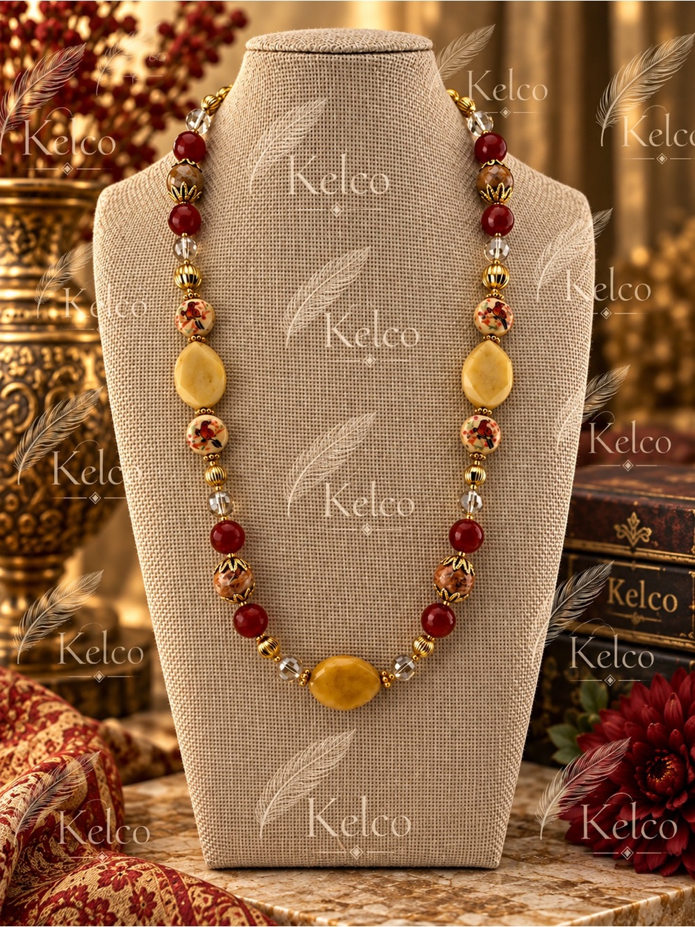 Carnelian • Yellow Jade • Hand-Painted Tensha Bird Beads 22”
